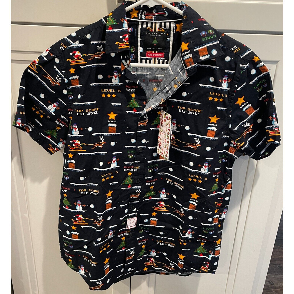 NEW Denim & Flower Men's S Button Down Shirt Holiday Christmas Gaming Short Slv - Picture 7 of 10